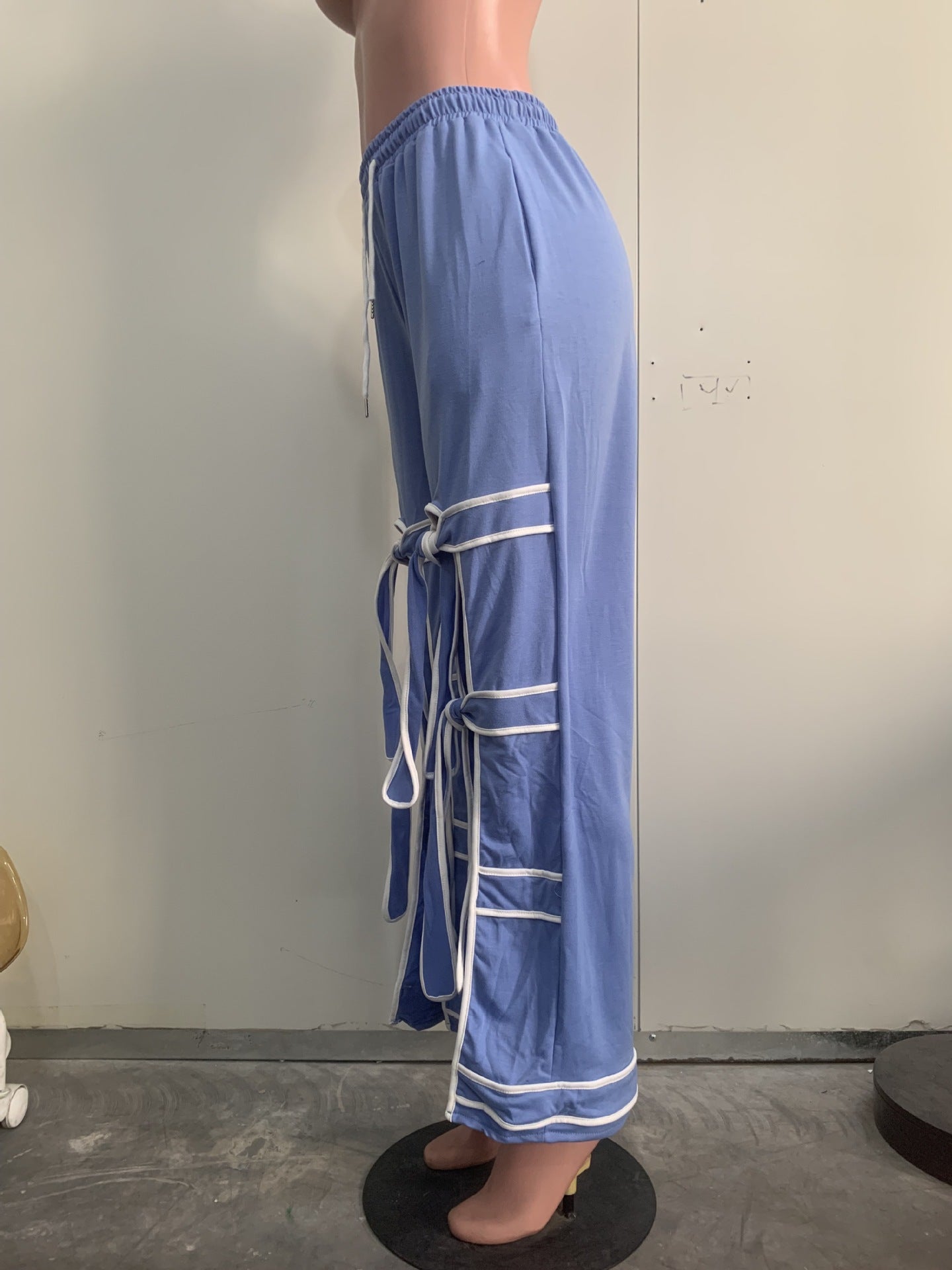 Striped Patchwork Bowknot Split Wide Leg Jogger Trousers