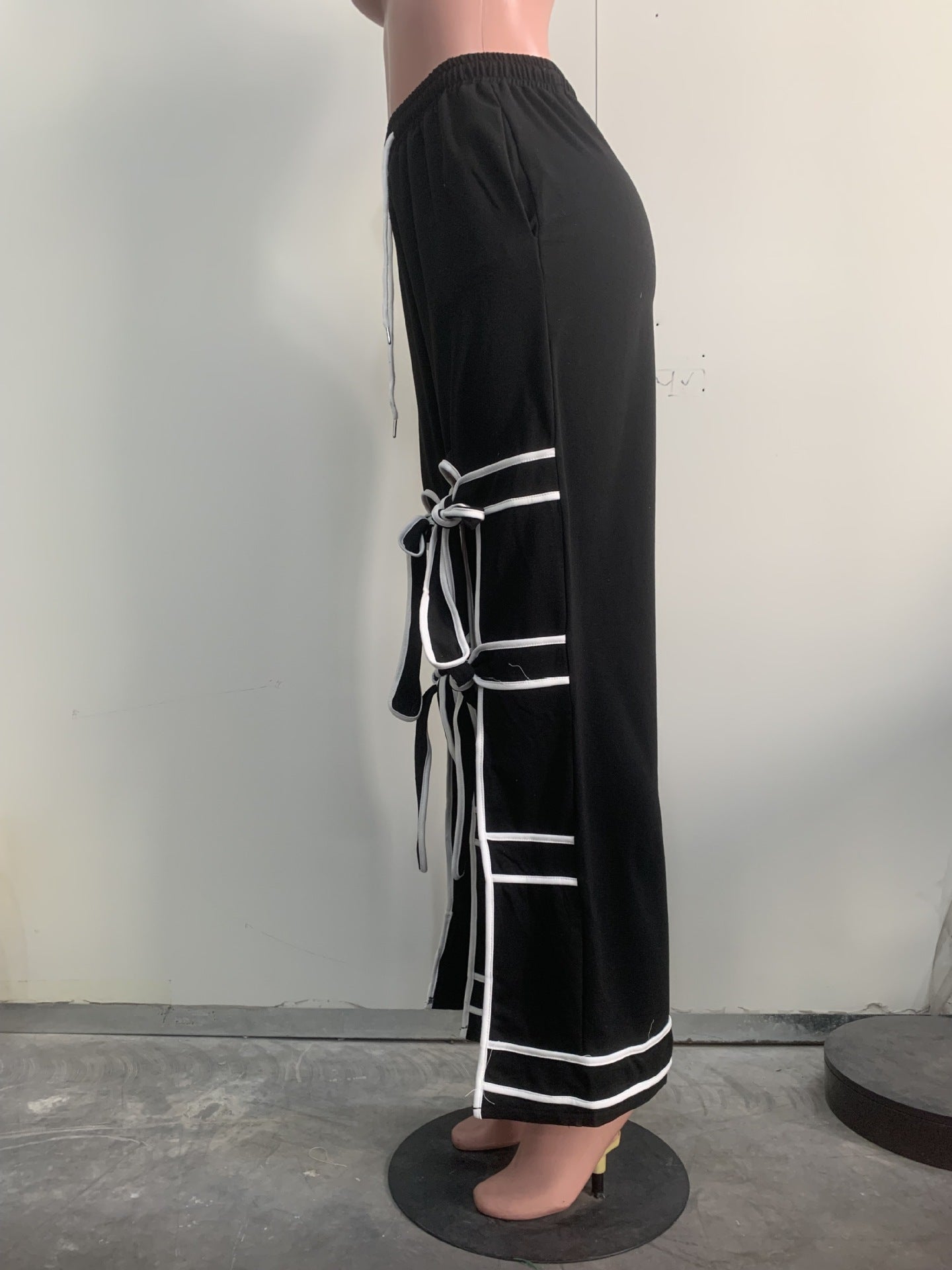 Striped Patchwork Bowknot Split Wide Leg Jogger Trousers