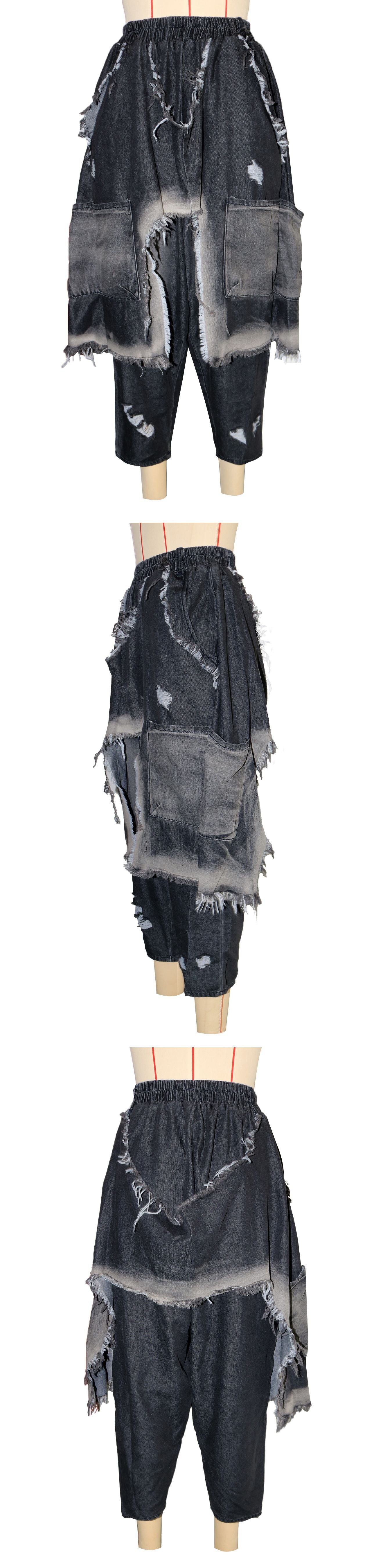 Women Streetwear Ripped Out Hole Denim Pants Loose Safari Style Cargo Harem