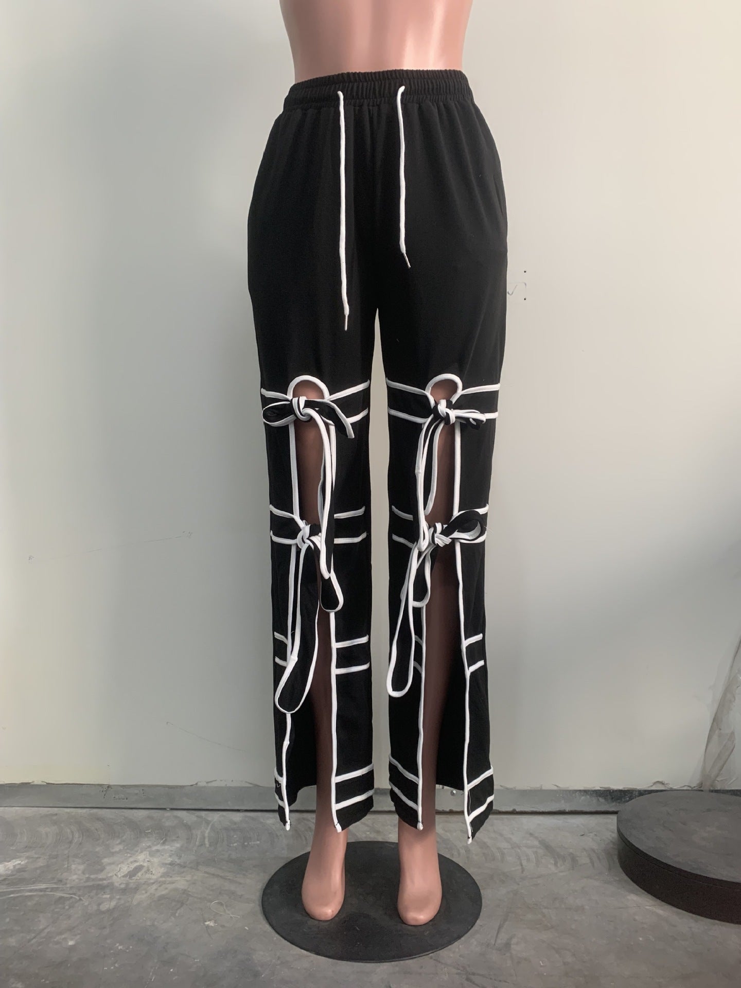 Striped Patchwork Bowknot Split Wide Leg Jogger Trousers