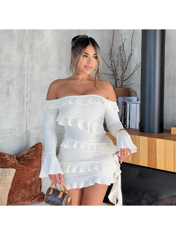 Elegantly Chic Long Sleeve Dress – Perfect for Weddings and Special Occasions White