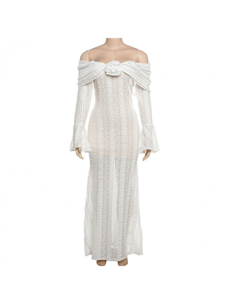 Elegant 3D Floral Long Sleeve Dress for Stylish Occasions White / S White / M White / L White / S-White / M-White / L-