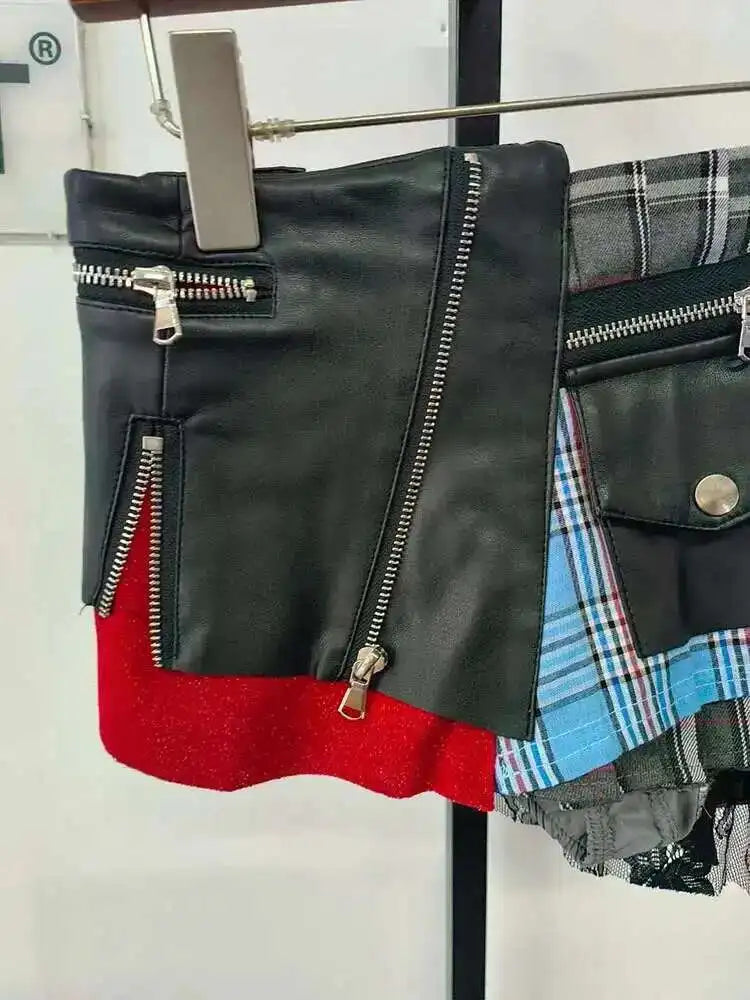 Women's Patchwork Plaid Design Pleated Mini Skirt High Waist A-line Skirt