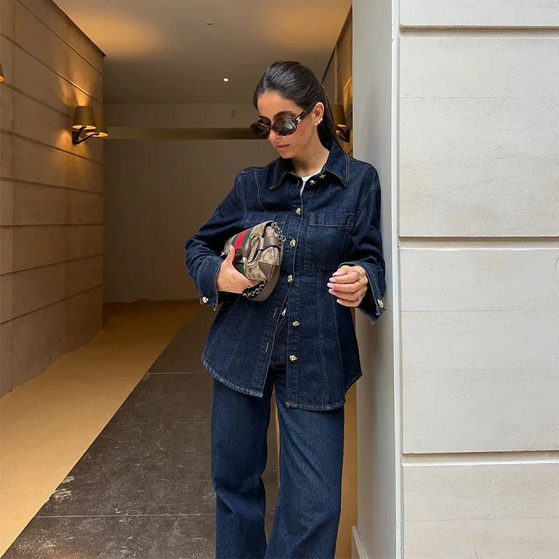 Street Denim Shirt Set Women Lapel Waist Up Long Sleeve Single Breasted Pocket Jacket Lady Jean Outfit set / M set / L pant / L set / M-set / L-pant / L-set / S-pant / S-pant / M-top / M-top / L-top / S-