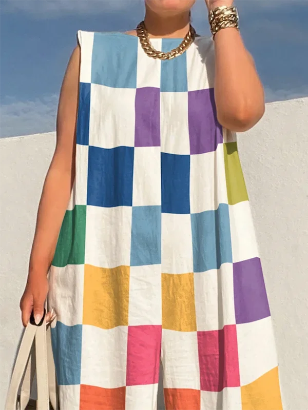 Multicolour Plaid Wide Leg Jumpsuit Sleeveless Oversize Loose Casual