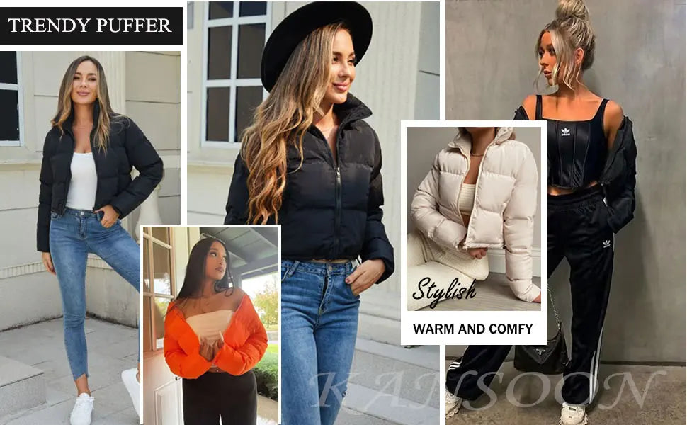 Women's Winter Cropped Puffer Jacket Long Sleeve Full Zip Lightweight Warm Quilted Down Coats