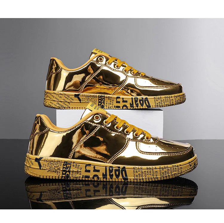 Brand Fashion Mirror Luxury Shoes for Men Women Glitter Leather Shoes Casual Men Golden