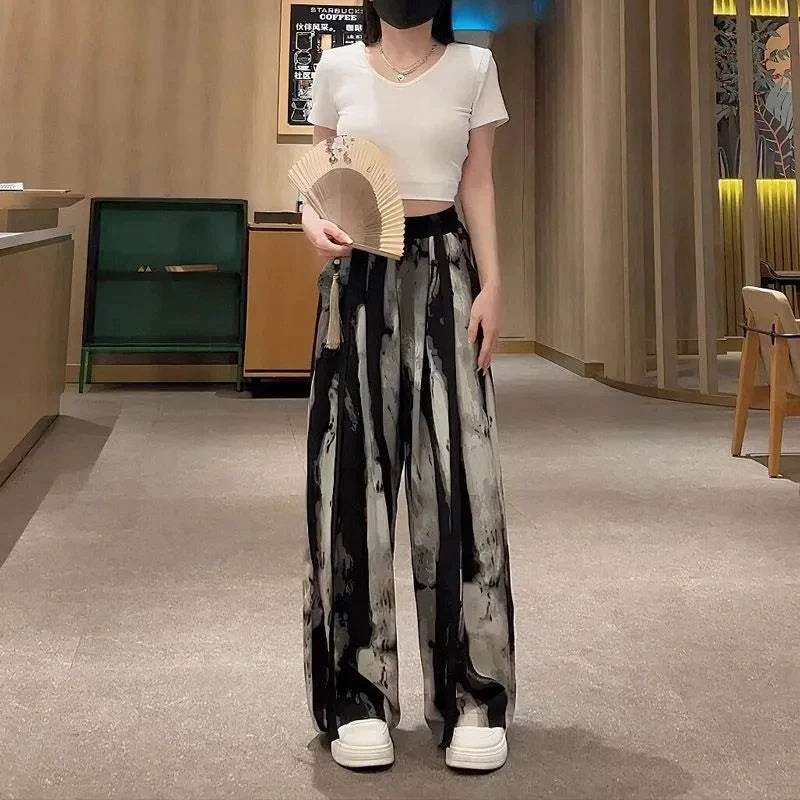 Women's Thin Casual Ice Silk Chiffon Wide Leg Pants Strap Drop Straight Tube Floor Trousers Korean Women