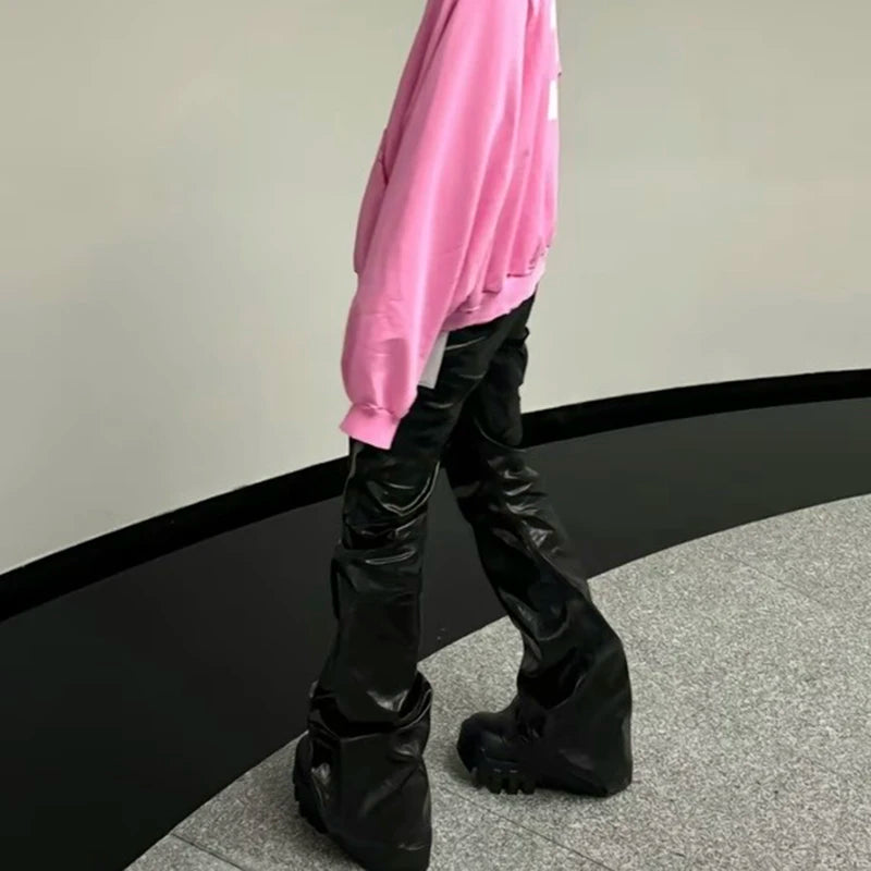 High Street Wide Leg Glossy Leather Pants Sashes Boot Cut Men and Women Straight Baggy Casual Jeans Oversized Flared Trousers