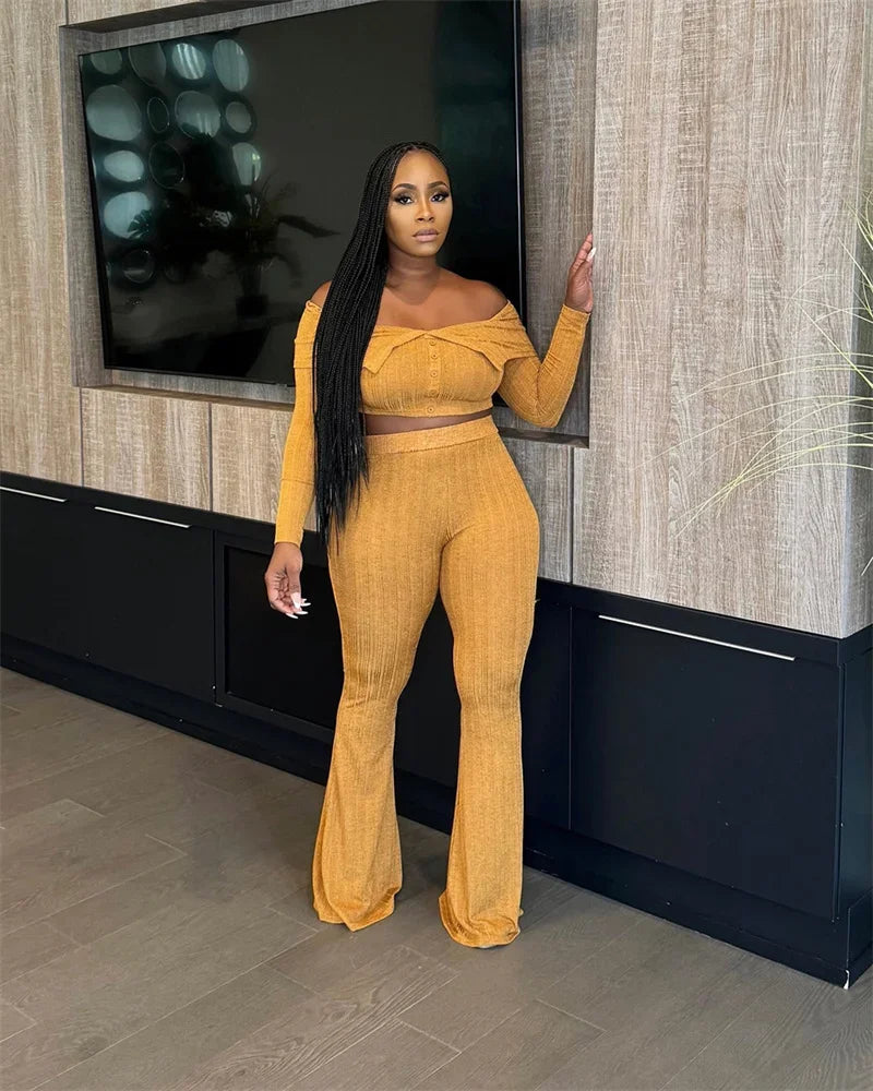 Knitted Two Piece Set Off Shoulder Slash Neck Crop Top and Flare Pants Set