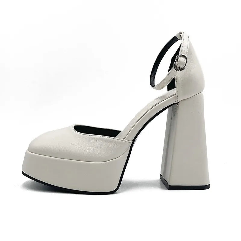 Super-high Heel Thick Heel Shoes Platform Sandal Elegant Round Toe White Heels BEIGE / 35 / United States BLACK / 40 / United States