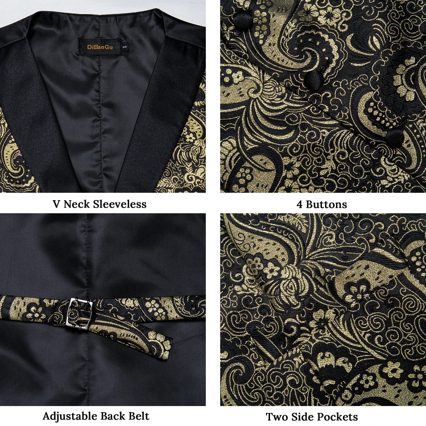 Men's Paisley Silk Suit Vest with Macthing Golden Paisley Neck Tie Handkerchief Cufflinks Wedding Prom Tuxedo Waistcoat