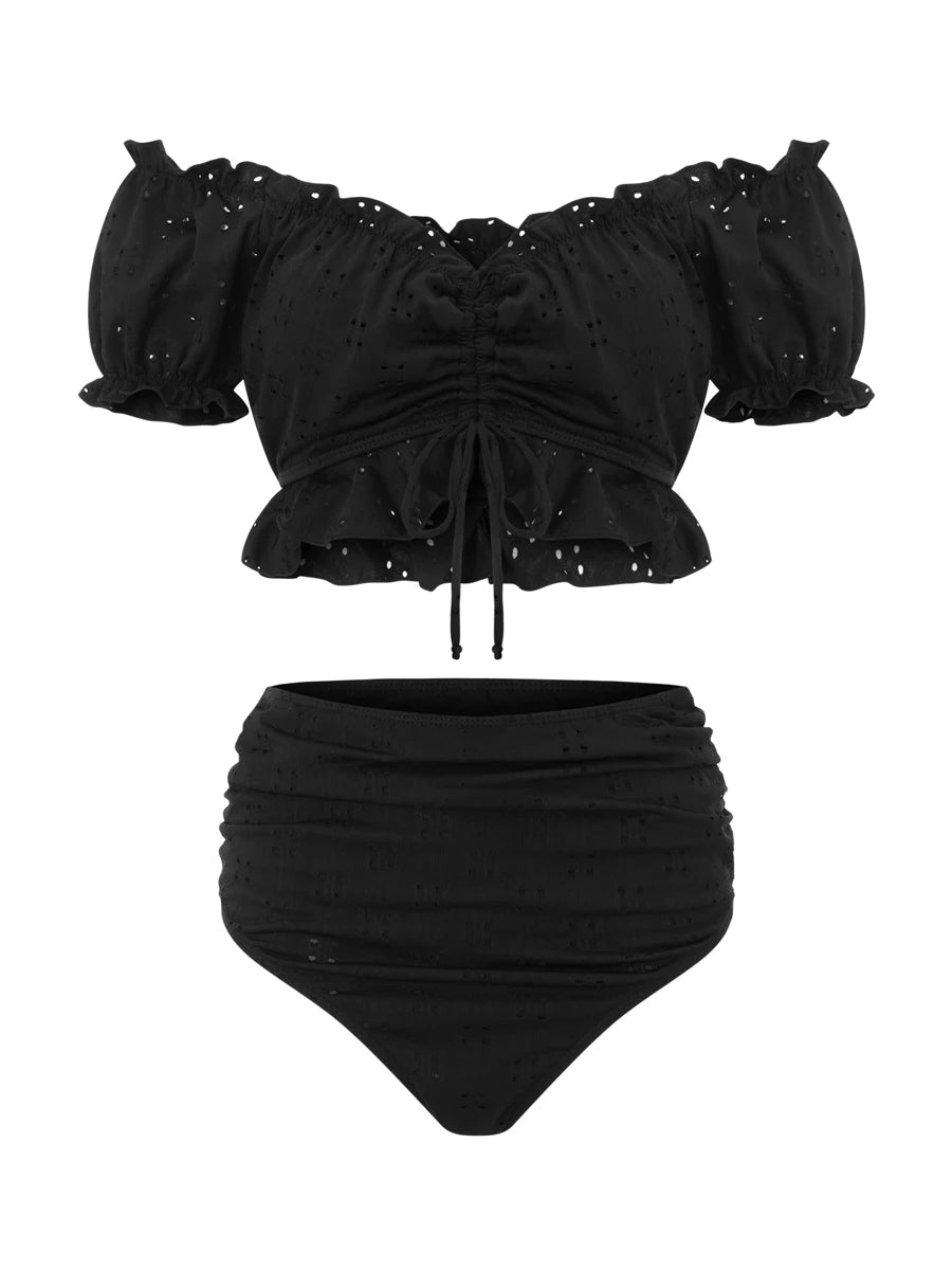 Maternity Tankini Swimsuit High Waisted 2 Pieces Bikini Set Solid Color Off Shoulder