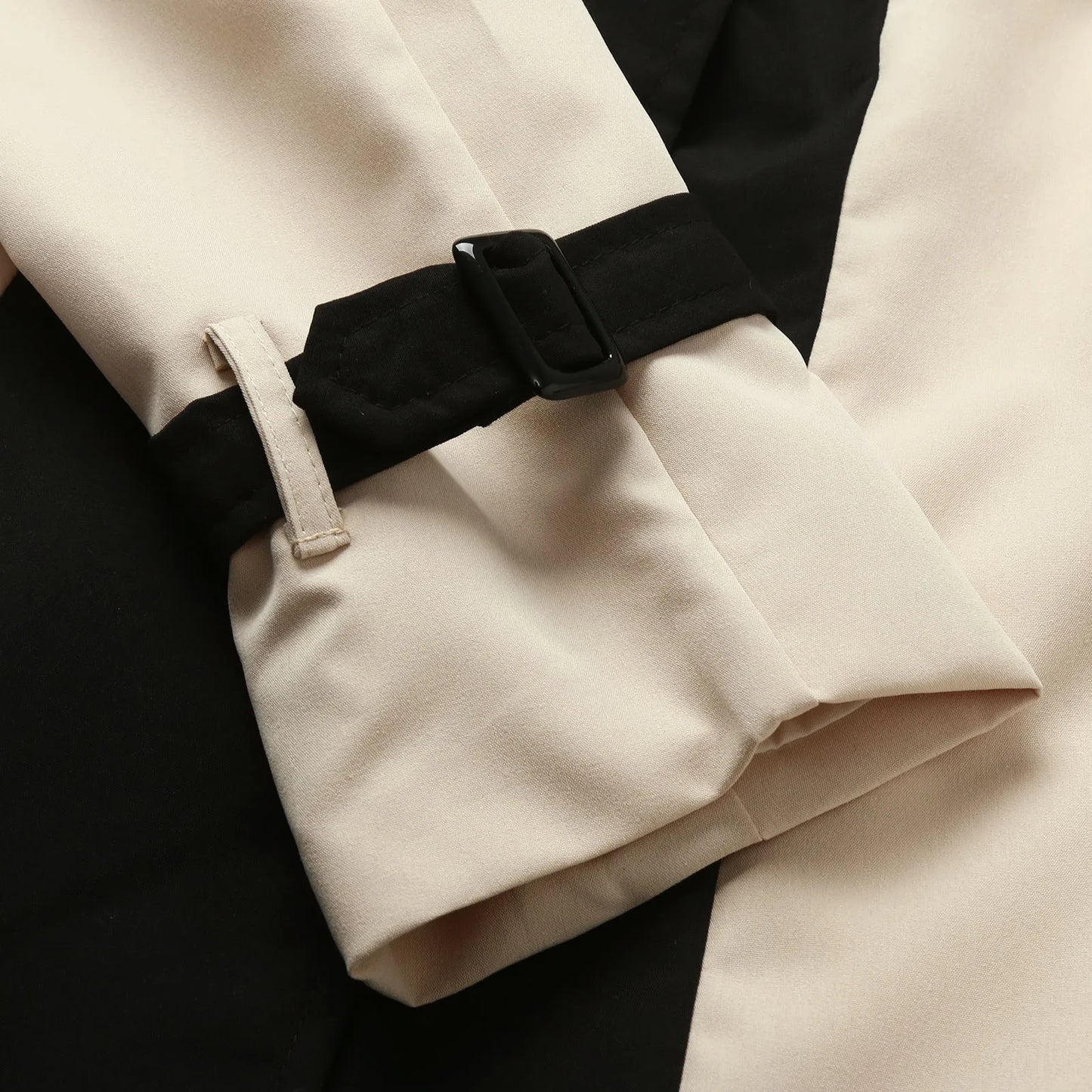 Elegant Long Jacket Women Retro Formal Black Khaki Contrast Notched Collar Windbreaker Coat