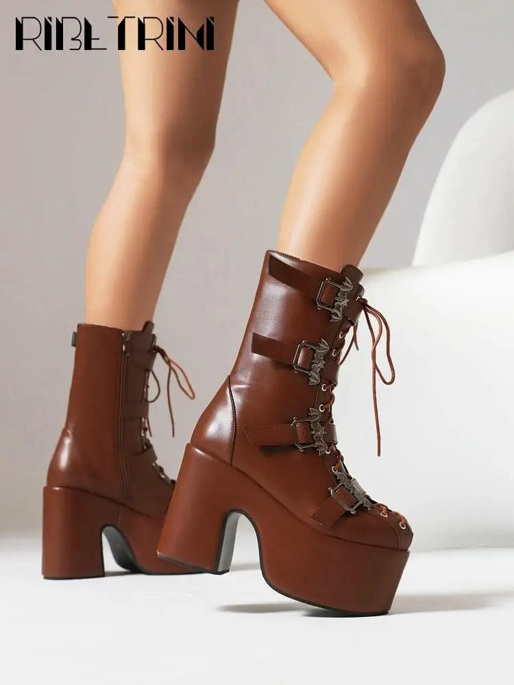Goth Women Motorcycle Boots Block High Heels Platform Cool Street Boots