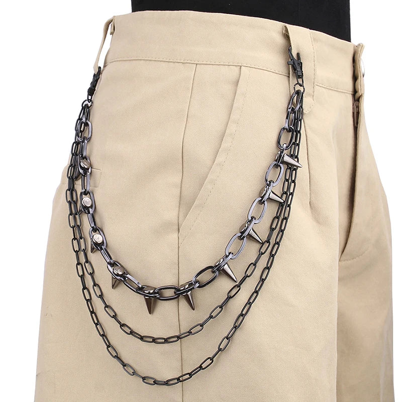 Punk Spike Rivet Layered Metal Chain Keychains For Men Women Pants Jeans Biker Gothic Rock Silver Gun Black Silver-Gun Black-