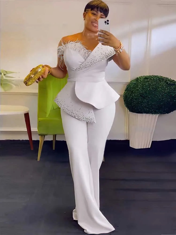 High Waist Strapless Jumpsuit Rivet Collar Tube Top Jumpsuit for Women Elegant
