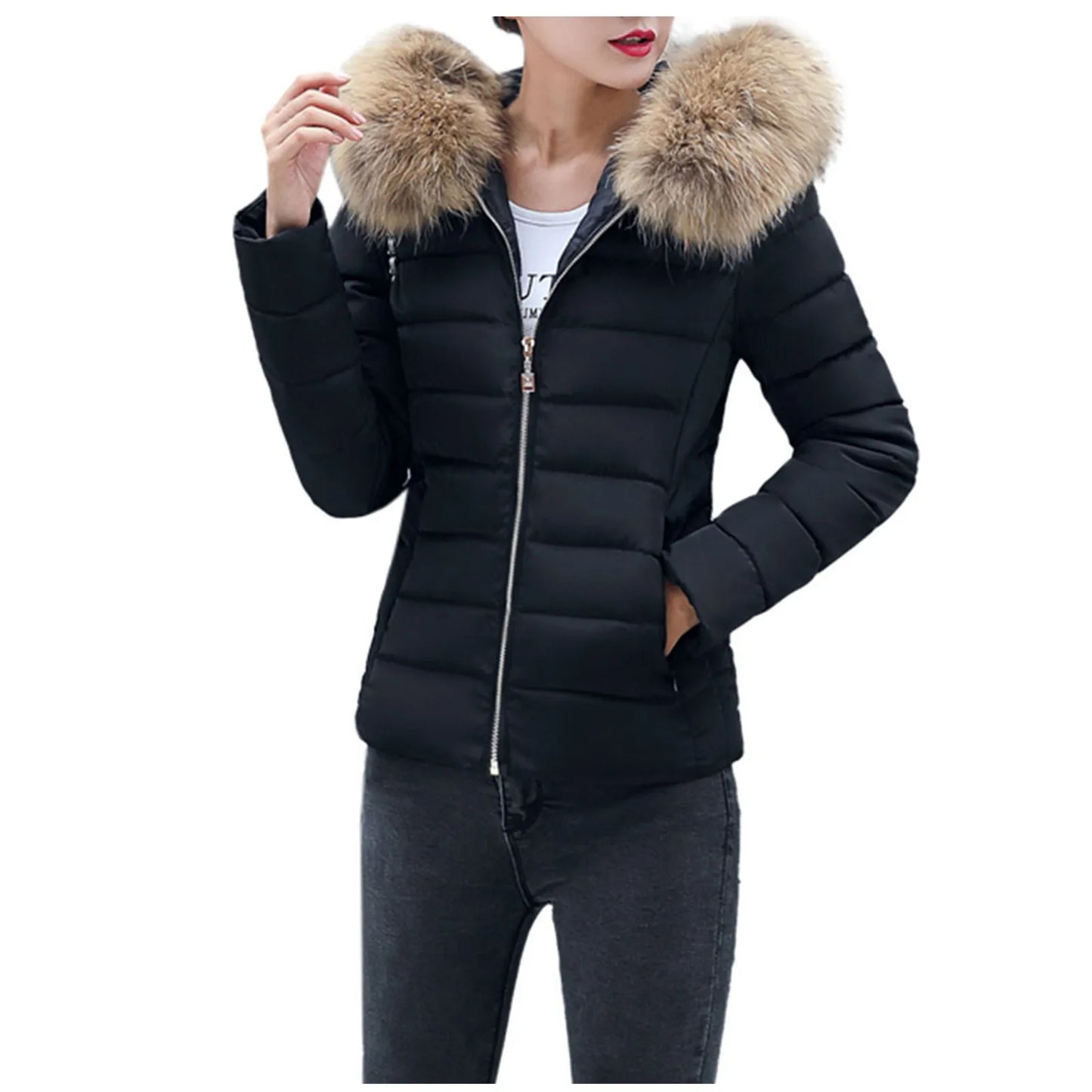 New Autumn Winter Jacket Womens Parkas Fur Collar Hooded Coats Casual Short Jacket Female Slim Cotton Padded Warm Outerwear
