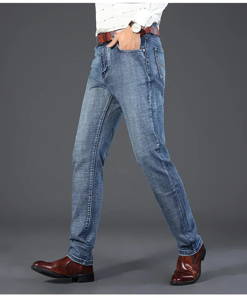 Men Classic Jeans Straight Regular Blue Stretch Denim Trousers Men's