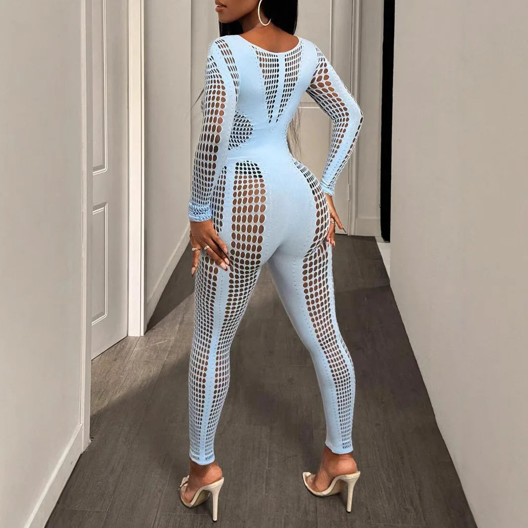 CM.YAYA 2025 O-neck Full Sleeve Women Mesh Hollow Out Jumpsuits Casual Night Club Sexystreet Sexy Perspective Outfits Rompers