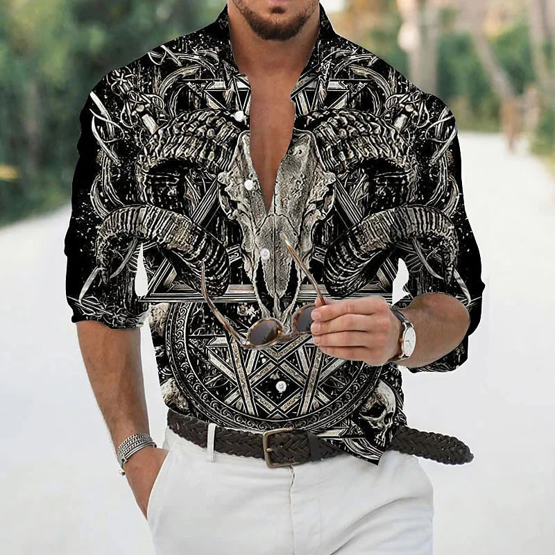 Men's Shirt Polo Button Shirt Casual Western Print Top Men's Cardigan Top