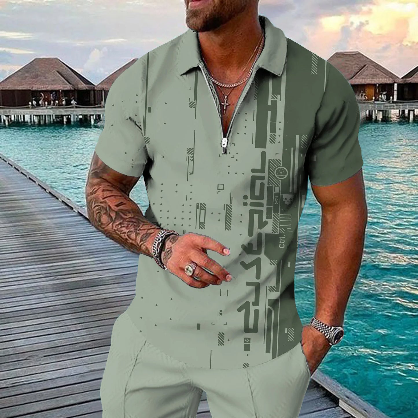 Men's 3D Flag Pattern Printed Short Sleeve POLO Shirt Zipper Men's T-Shirt