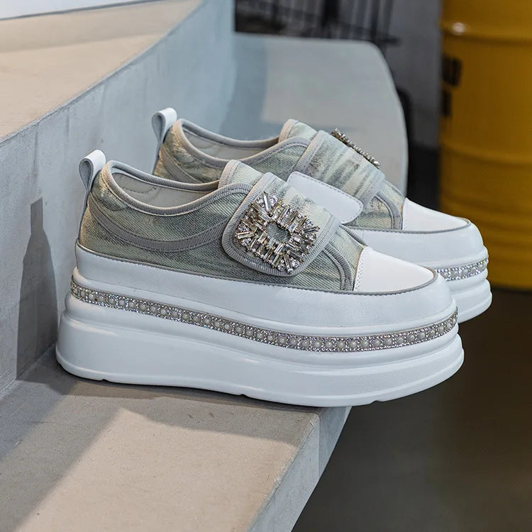 Denim Platform Wedge Genuine Leather Casual Comfy High Brand Chunky Sneakers Hidden Heels Shoes