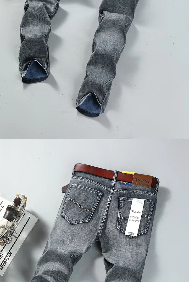 Men Classic Jeans Straight Regular Blue Stretch Denim Trousers Men's