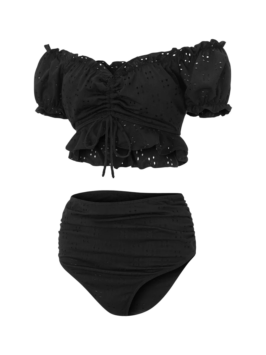 Maternity Tankini Swimsuit High Waisted 2 Pieces Bikini Set Solid Color Off Shoulder