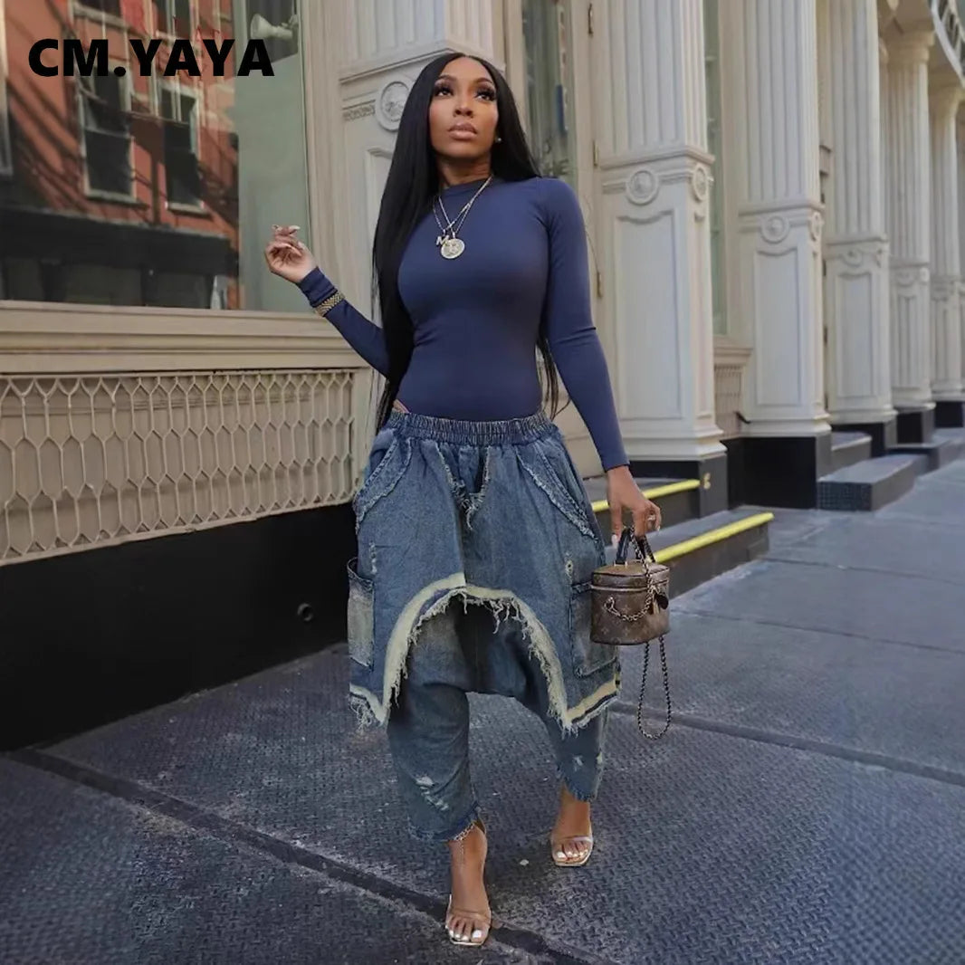 Women Streetwear Ripped Out Hole Denim Pants Loose Safari Style Cargo Harem