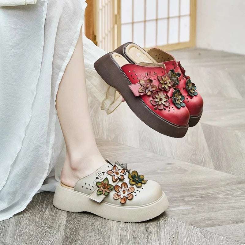5cm Cow Genuine Leather Flats Comfy Shoes Platform Wedge Appliques Flower Hook Hollow Elthnic Women Slipper Mary Jane Rubber beige / 35 red / 40 red / 39 beige / 35-red / 40-red / 39-red / 38-red / 37-red / 36-red / 35-beige / 40-beige / 39-beige / 38-beige / 37-beige / 36-