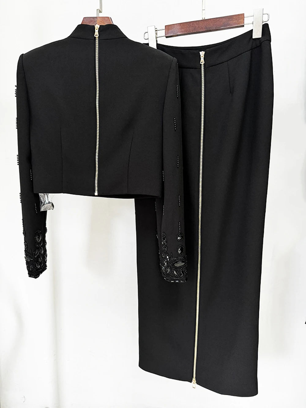 Long Sleeve Short Top and Mini Skirt Suit Outfit, Diamond Beaded Design,High Quality, 2 Pcs Set