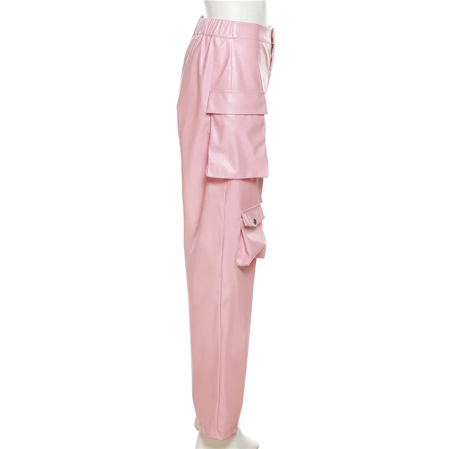 Pink Cargo Pants Straight Leg Solid Multi-Pocket Design High Waist Pu Leather Loose