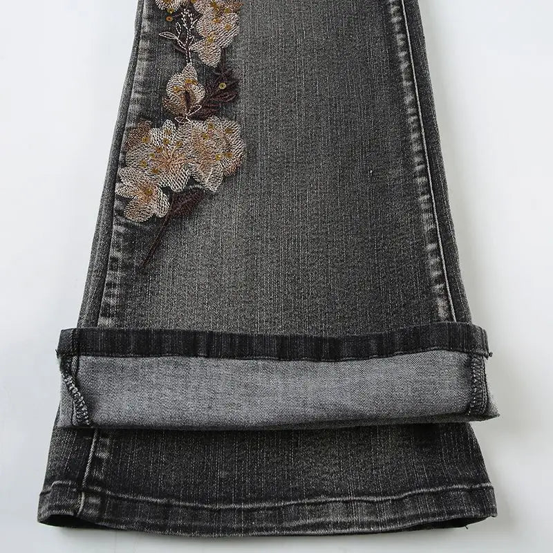 Beaded Embroidered Micro Slim Flare Jeans Street Y2k