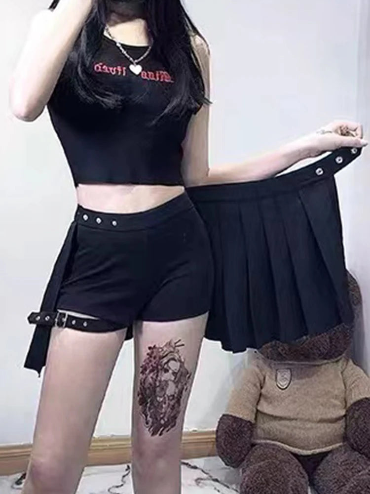 Punk Mall Goth Shorts Skirt Women Y2k Streetwear Leg Ring Buckle Detachable High Waist Emo
