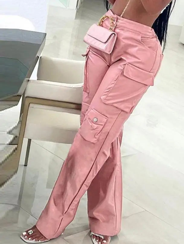 Pink Cargo Pants Straight Leg Solid Multi-Pocket Design High Waist Pu Leather Loose