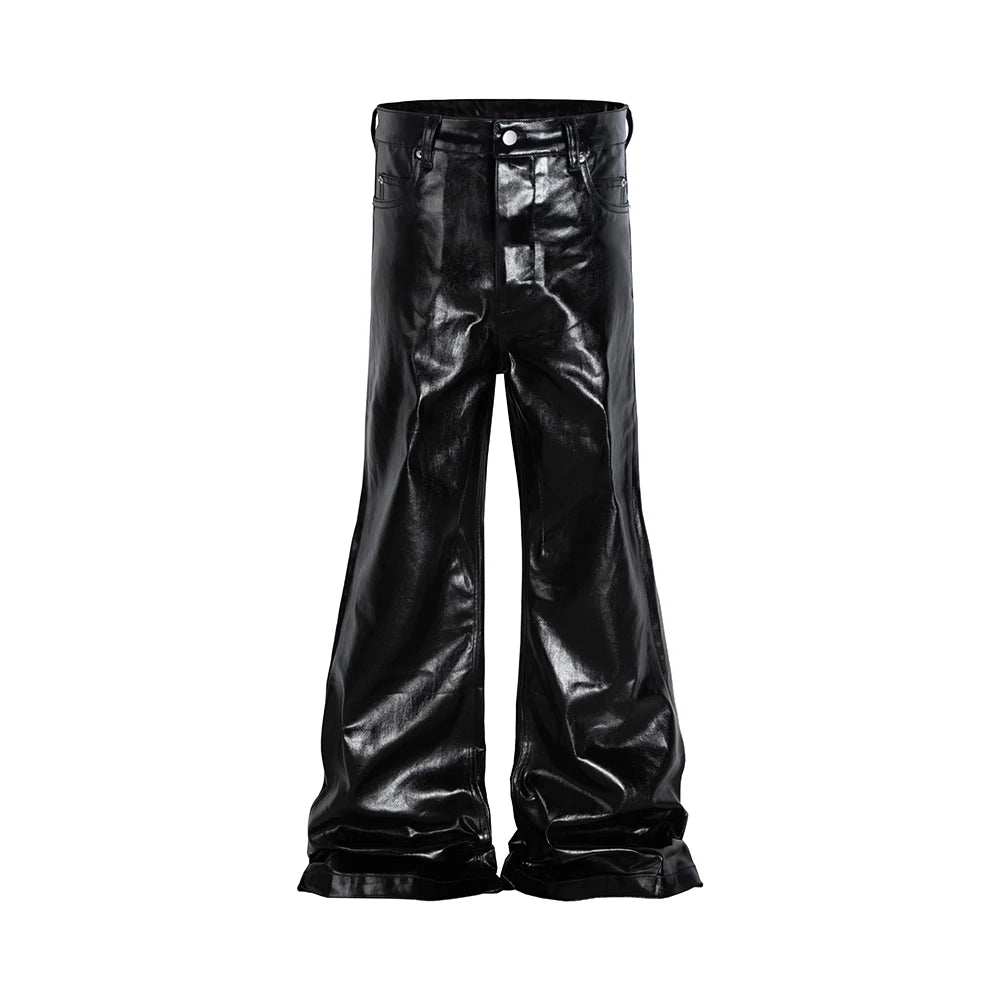 High Street Wide Leg Glossy Leather Pants Sashes Boot Cut Men and Women Straight Baggy Casual Jeans Oversized Flared Trousers