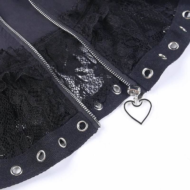 Women's Punk Vintage High Wasit Skirt Zipper Front Black Gothic Cosplay Mini Skirts