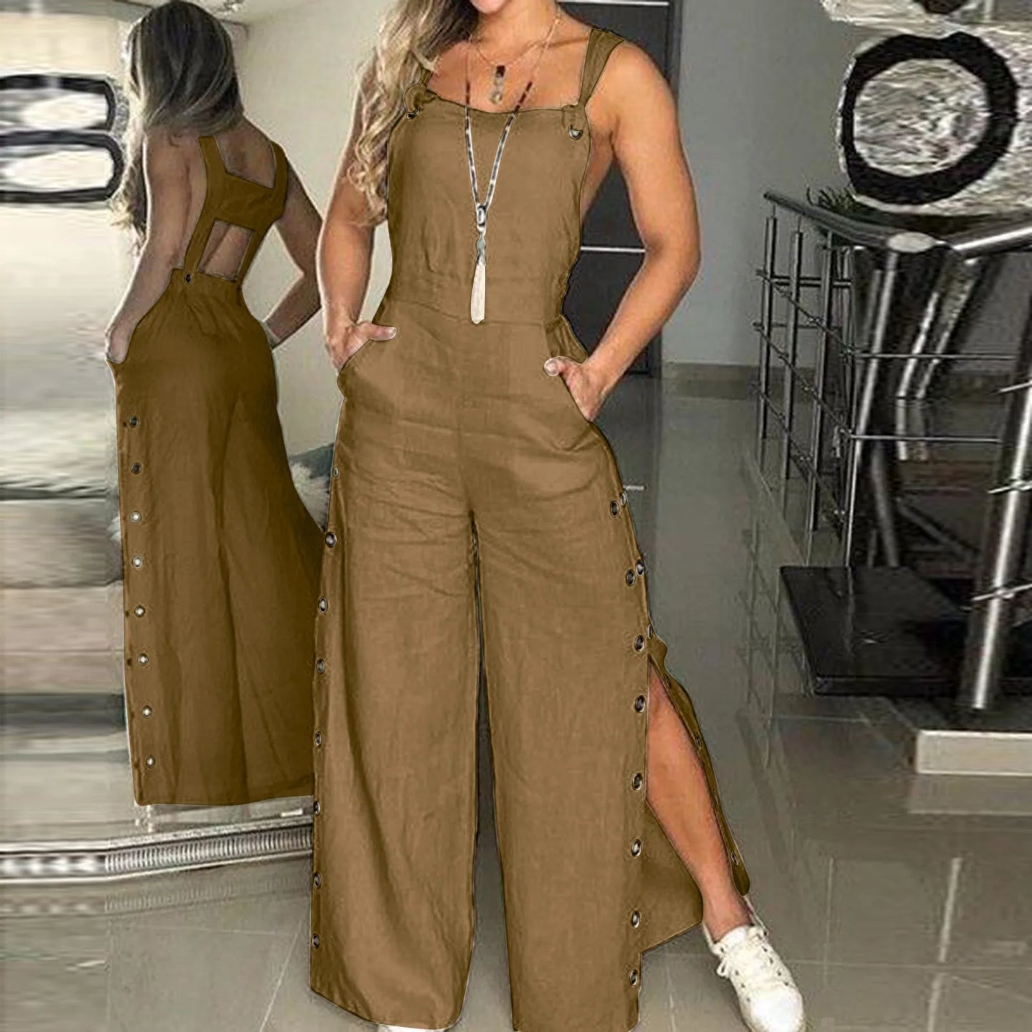 Women's Summer Sleeveless Cotton Linen Strappy Side Button Opening Overalls Loose Long Wide Leg Pants