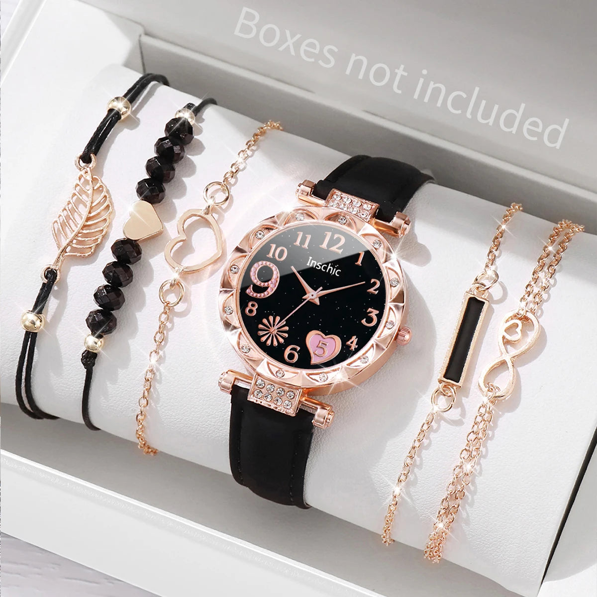 6PCS/Set Fashion Heart Dial Women's Watch Casual Leather Band Analog Quartz Watch Leaf Bracelets Set(Without Box) 6PCS Set Without Box Red Set No Box