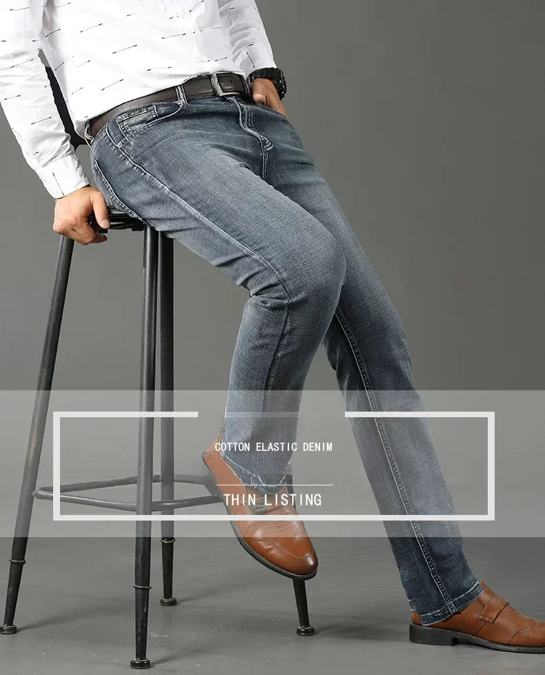 Men Classic Jeans Straight Regular Blue Stretch Denim Trousers Men's