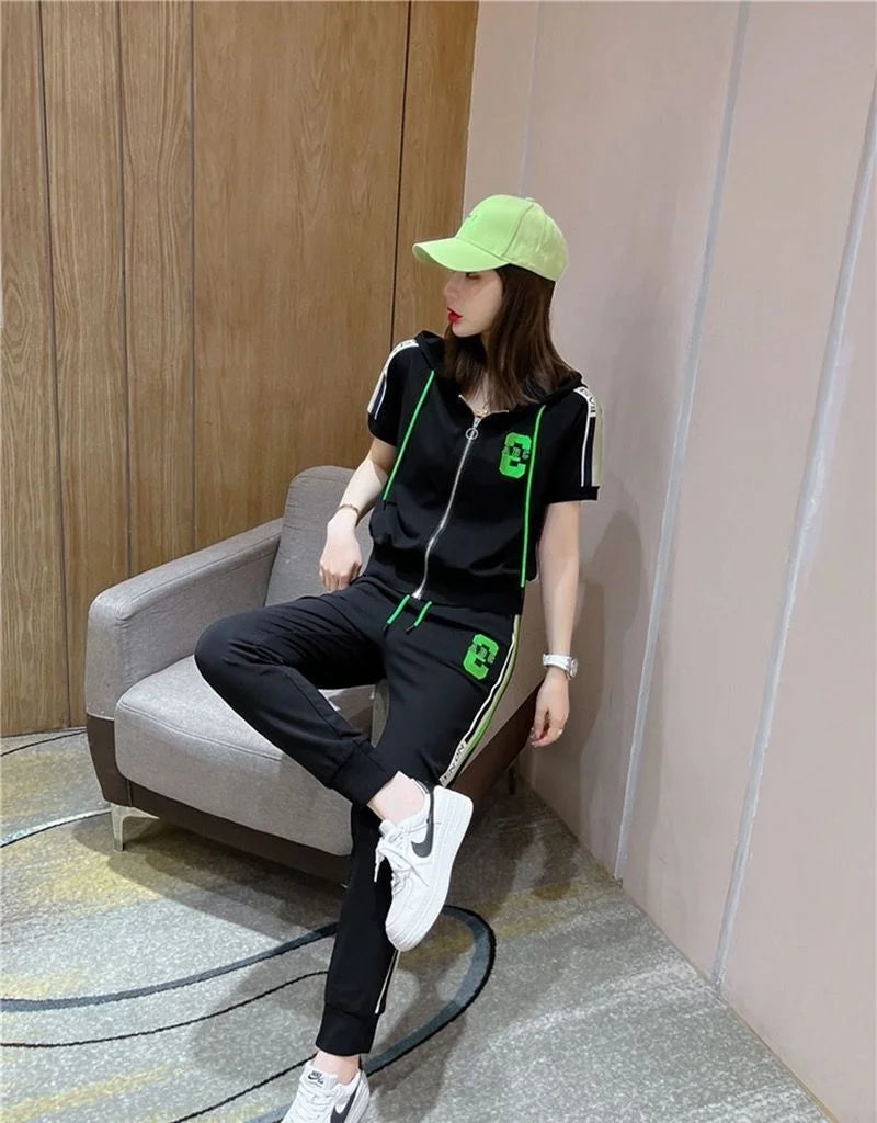 Women's Fashion Tracksuit Casual Suit Short Sleeve Hooded Top Pants Two Piece Set For Women