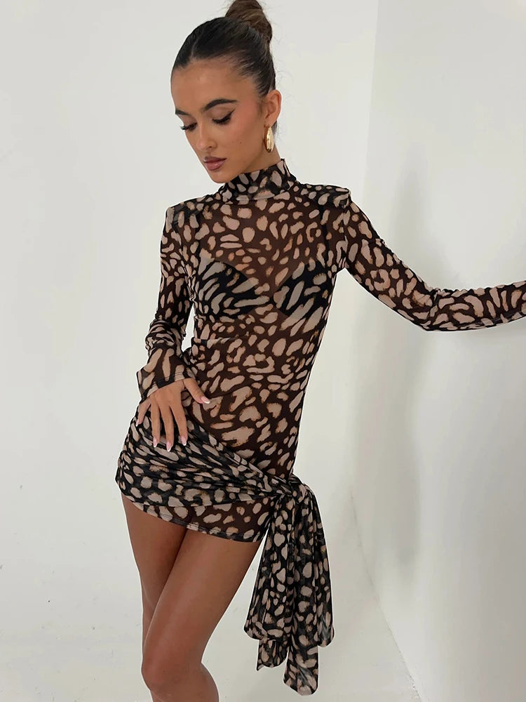 Fantoye Turtleneck Sheer Print Leopard Bandage Dress Long Sleeve Mini Slim Elegant Leopard / L Black / S Black / M Leopard / L-Black / S-Black / M-Leopard / S-Black / L-Leopard / M-