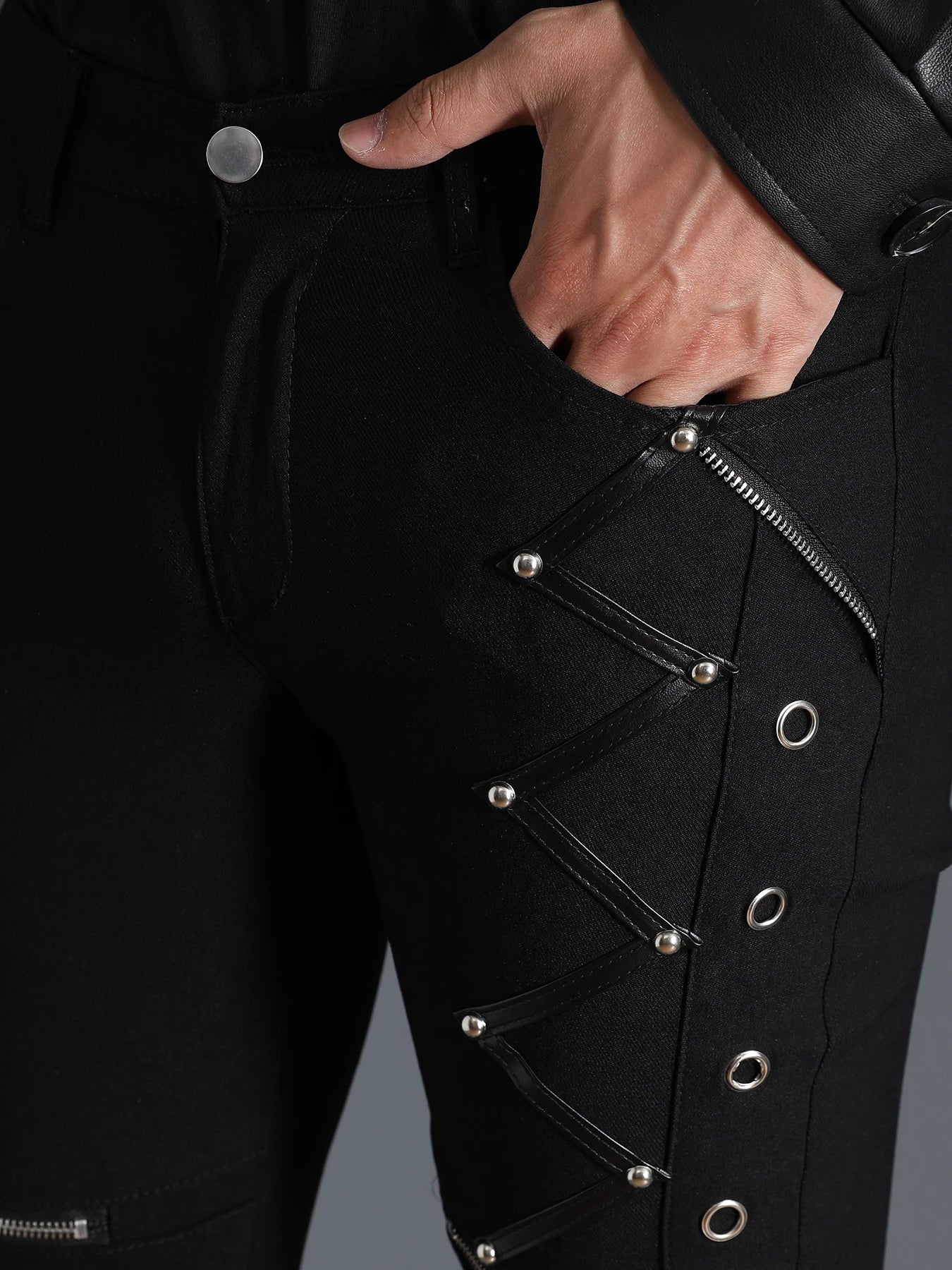 Men's Motorcycle Gothic Steampunk Zippers studded Rivet Elastic Stretchy Denim Jeans Biker Pants