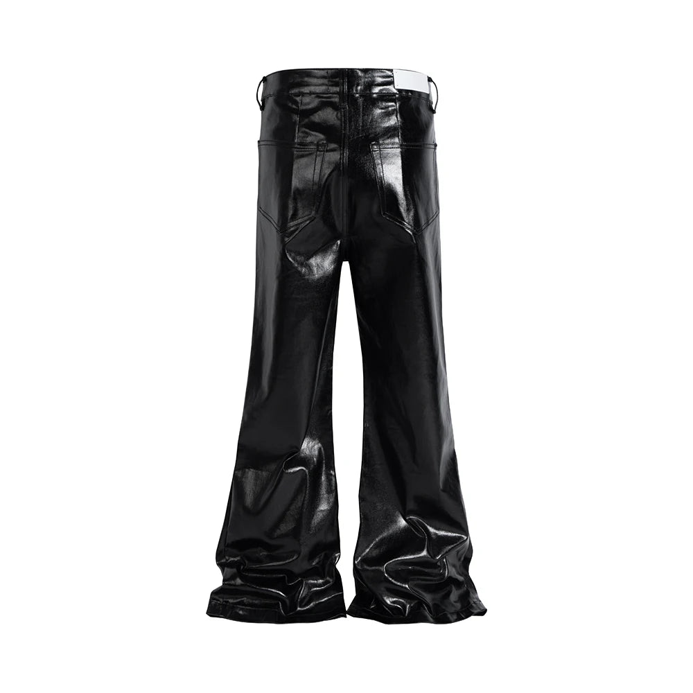 High Street Wide Leg Glossy Leather Pants Sashes Boot Cut Men and Women Straight Baggy Casual Jeans Oversized Flared Trousers