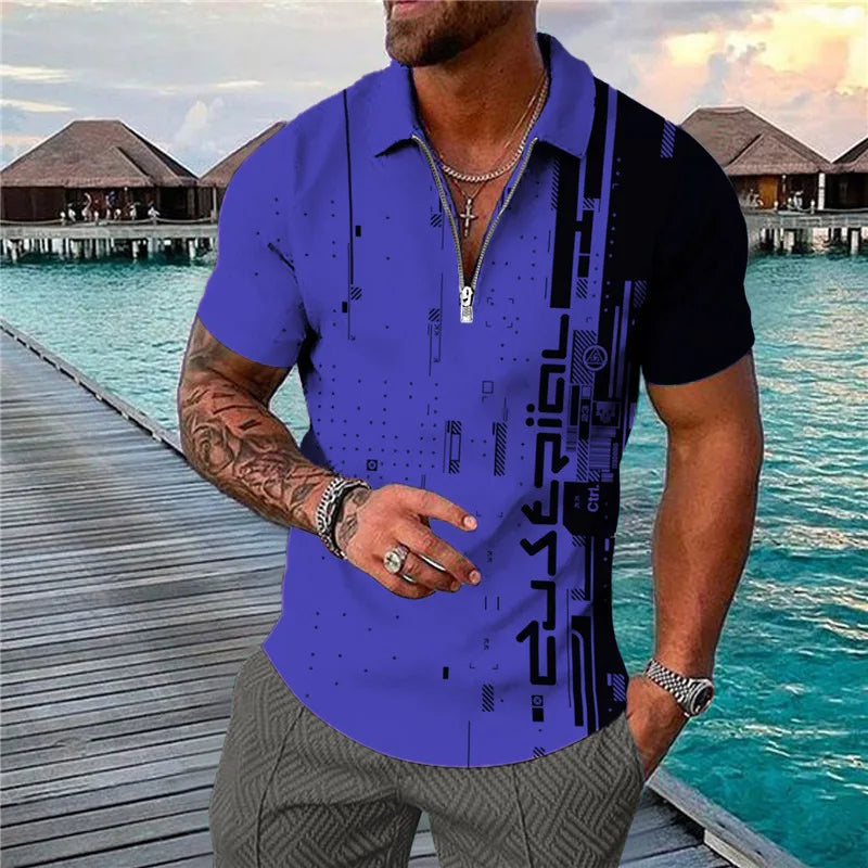 Men's 3D Flag Pattern Printed Short Sleeve POLO Shirt Zipper Men's T-Shirt