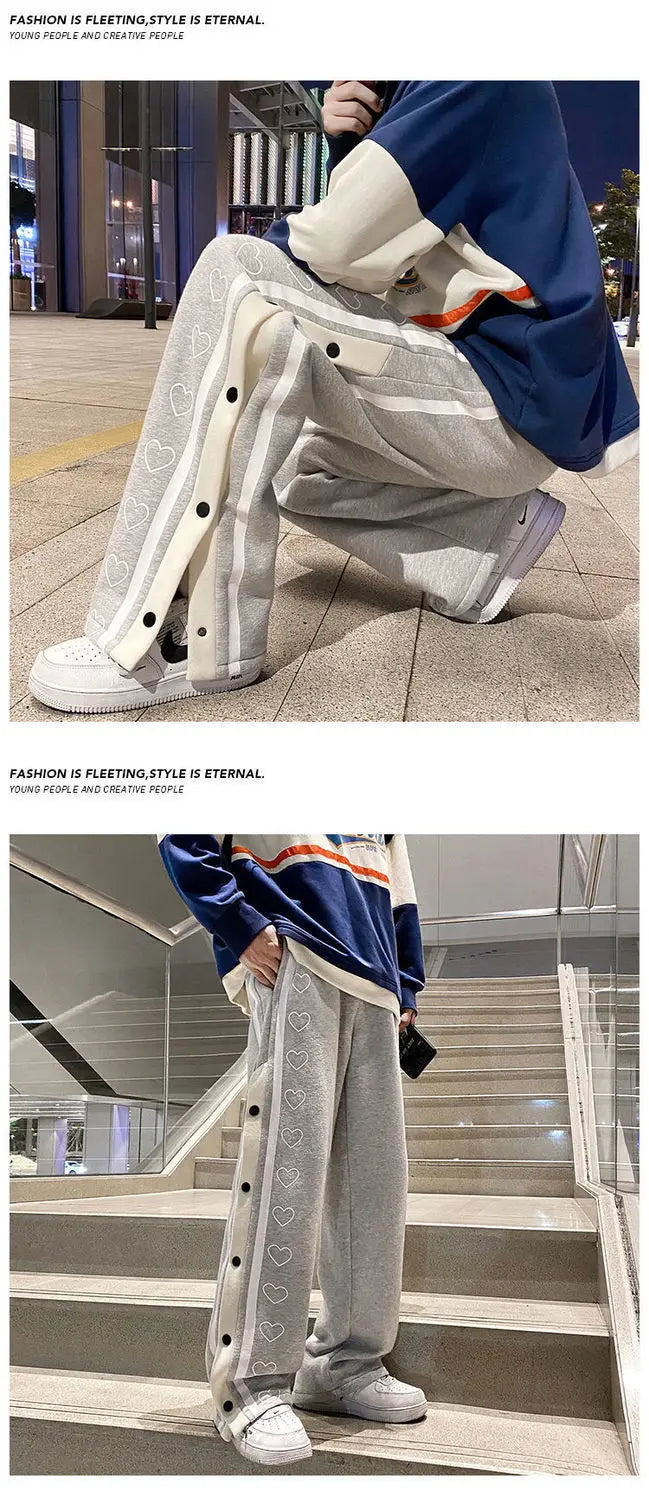 Harajuku Wide leg Sweatpants Oversize Men Side Button Baggy Pants Casual Sport Split Basketball Women Track Trousers
