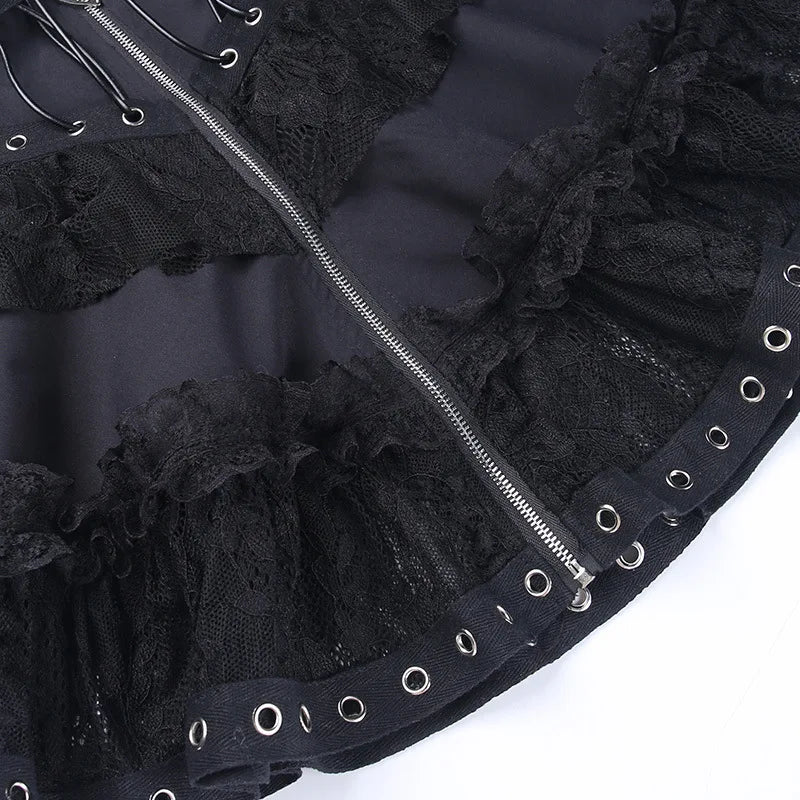 Women's Punk Vintage High Wasit Skirt Zipper Front Black Gothic Cosplay Mini Skirts