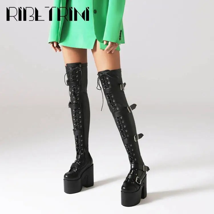 Goth Women Motorcycle Boots Block High Heels Platform Cool Street Boots