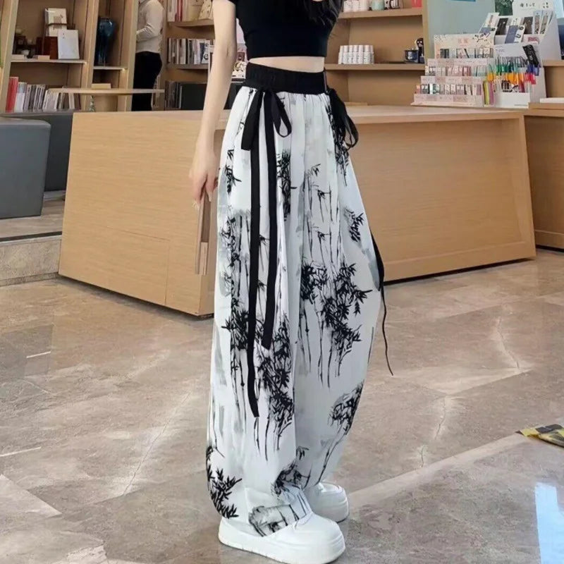 Women's Thin Casual Ice Silk Chiffon Wide Leg Pants Strap Drop Straight Tube Floor Trousers Korean Women